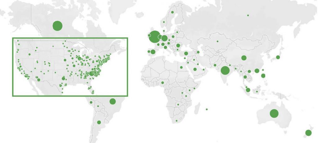 World map showing green dots indicating where EGF curriculum has been used