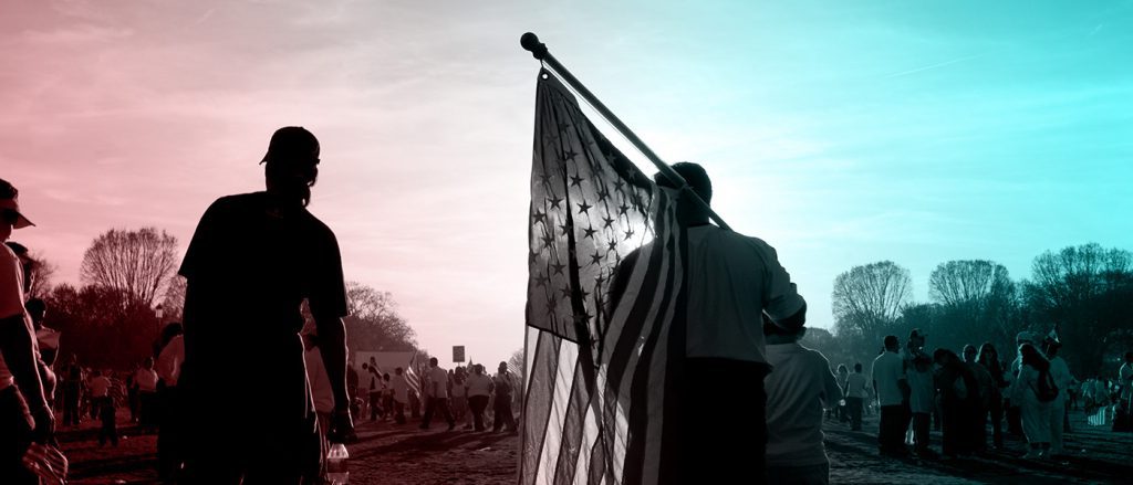 Independent America banner - two men silhouetted, with one holding an American flag 