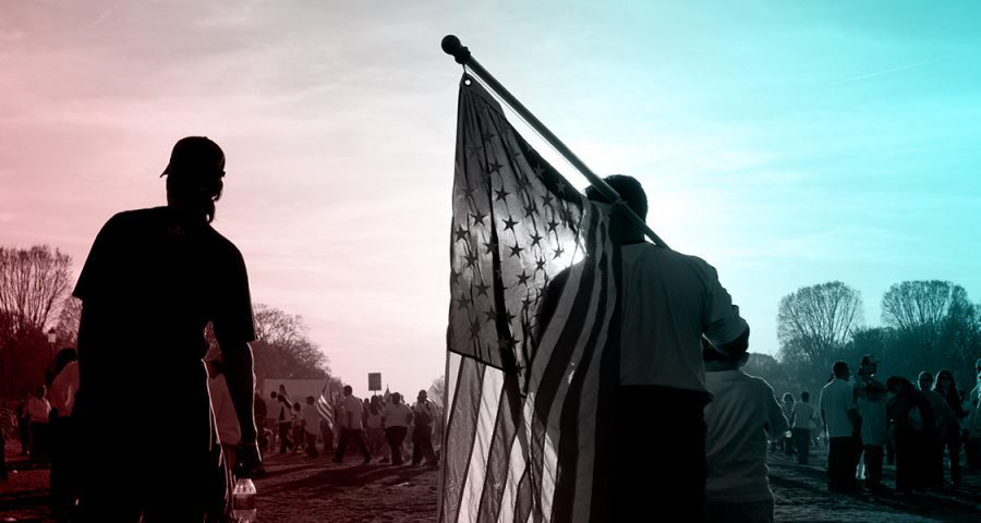 Independent America banner - two men silhouetted, with one holding an American flag